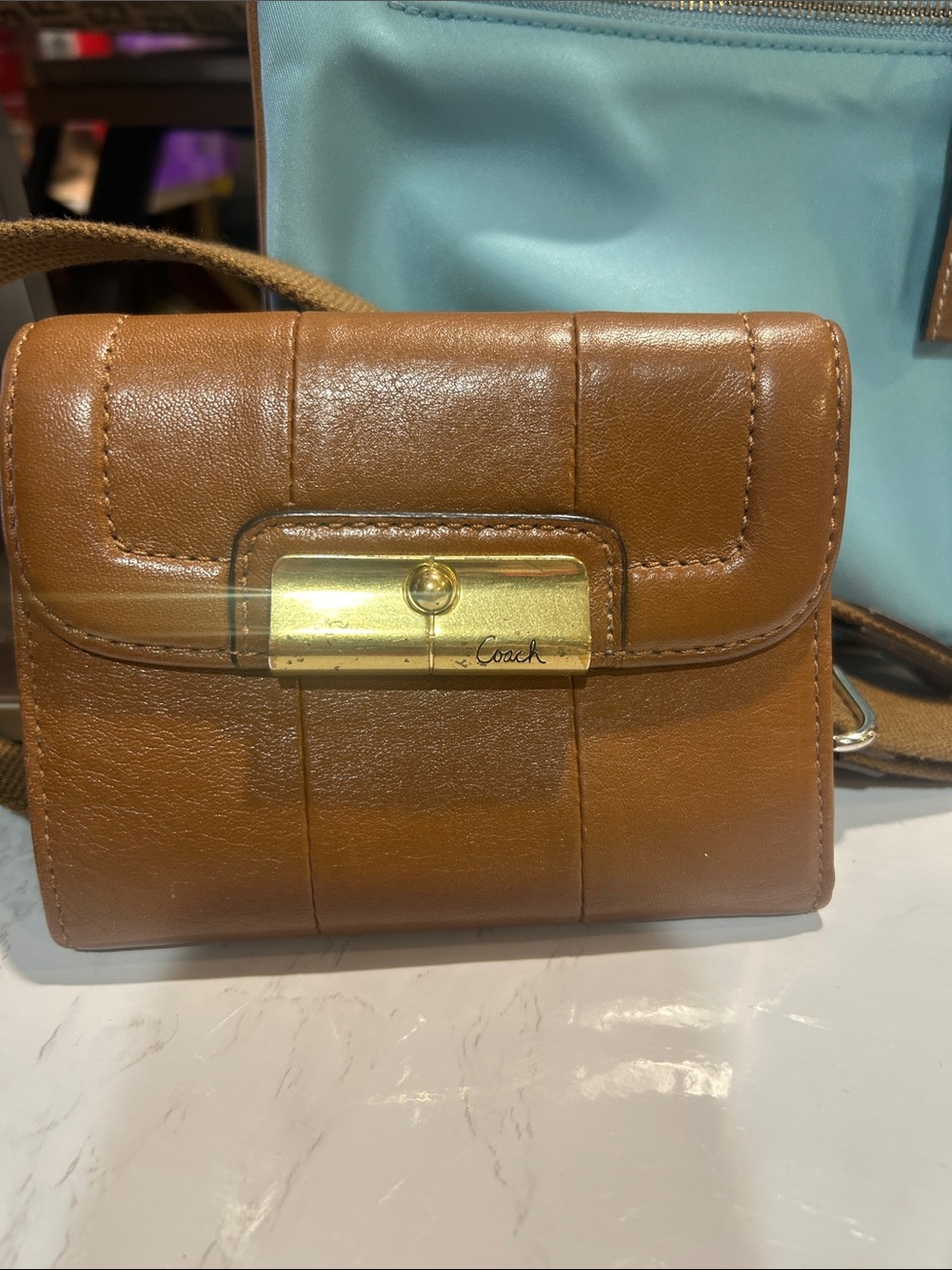 Coach Light Blue and Brown Leather-Trim Crossbody with Matching Wallet - Picture 10 of 13